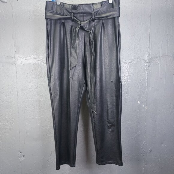 COMMANDO Faux Leather Pants Women's M Paper Bag Tie Waist Crop Trouser Black - Picture 3 of 12